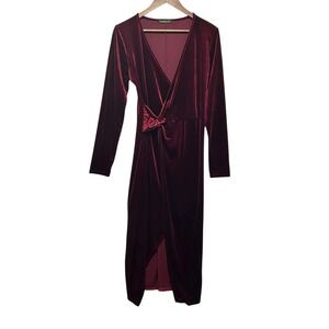 Nashalyly Women Velvet Wrap Dress M Burgundy Long Sleeve Front Slit Luxe Holiday